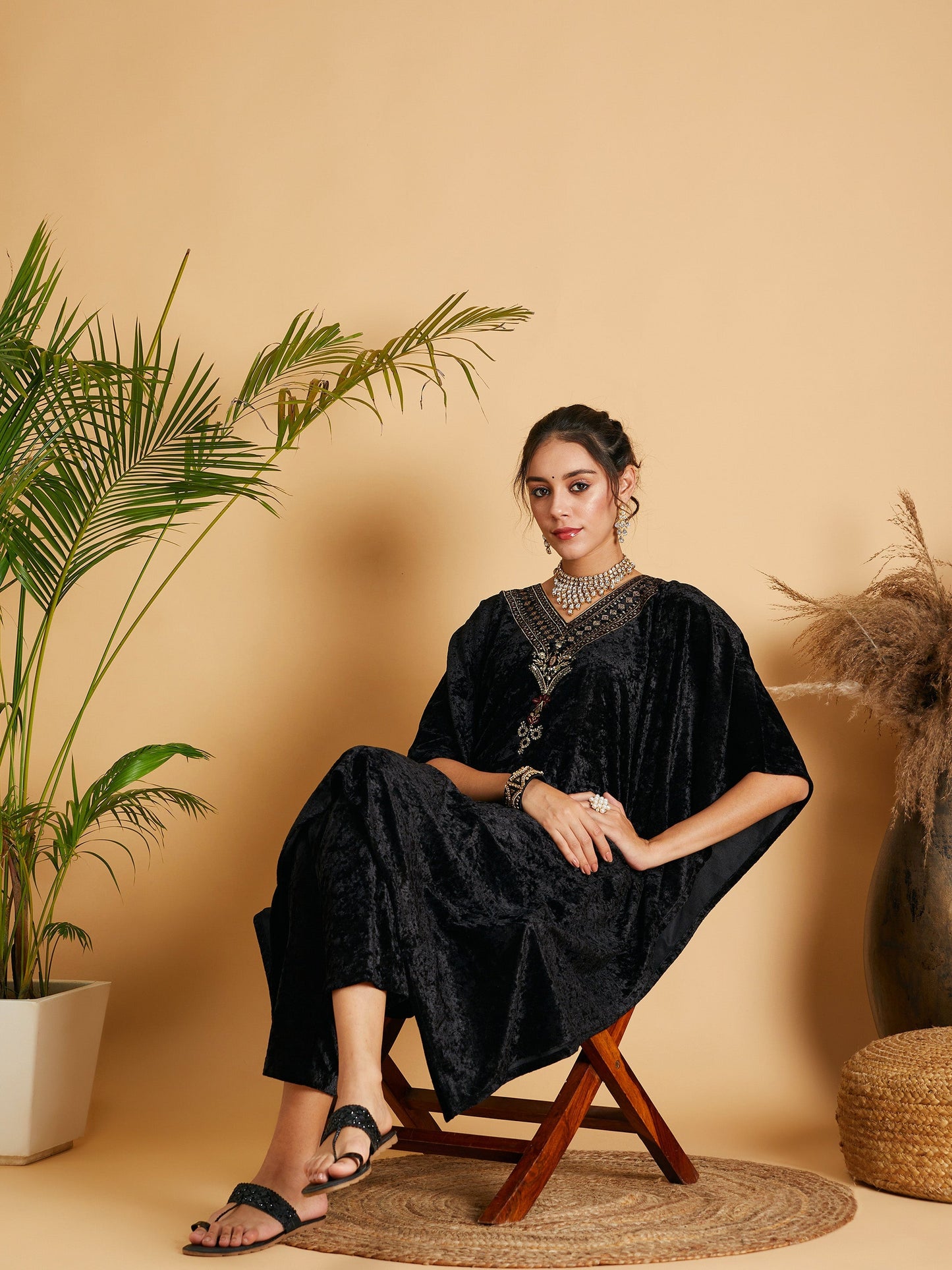 Black Velvet Kaftan Kurta-Shae by SASSAFRAS