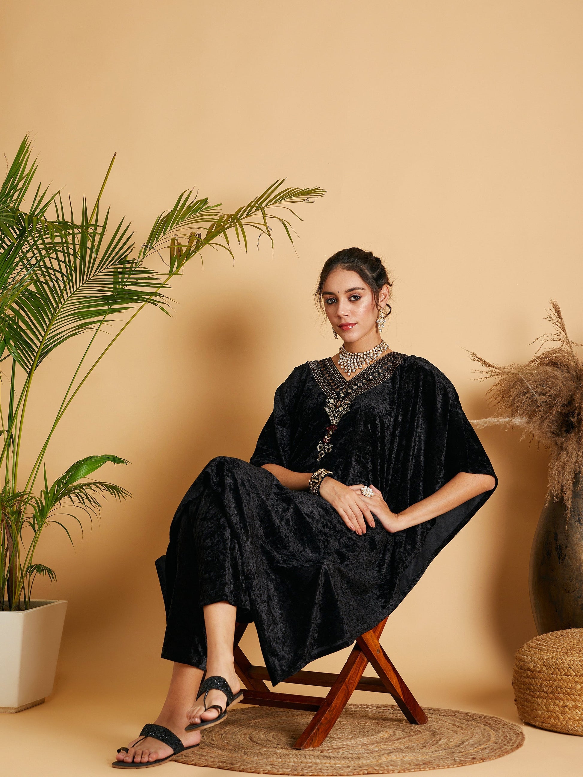 Black Velvet Kaftan Kurta-Shae by SASSAFRAS