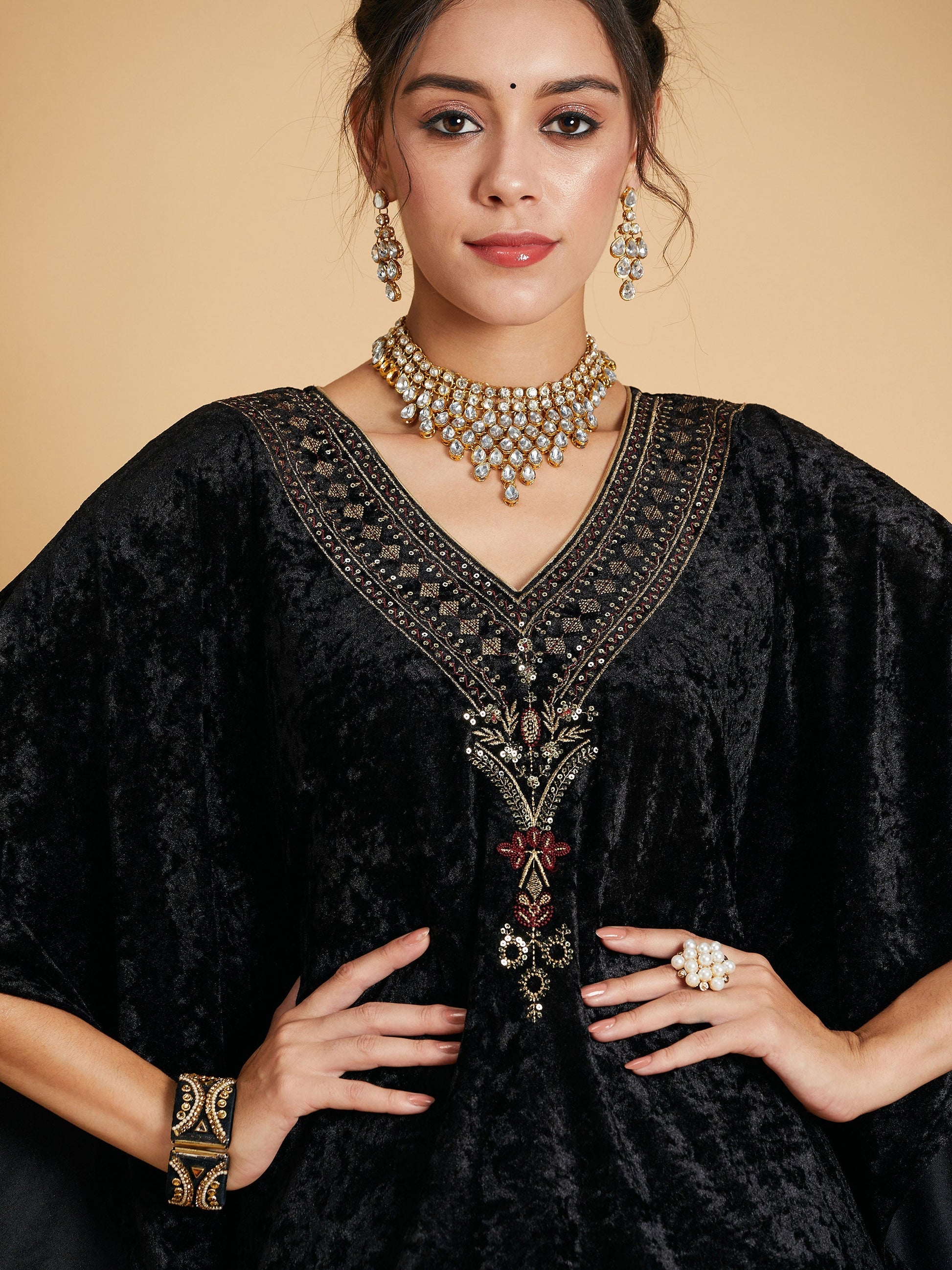 Black Velvet Kaftan Kurta-Shae by SASSAFRAS