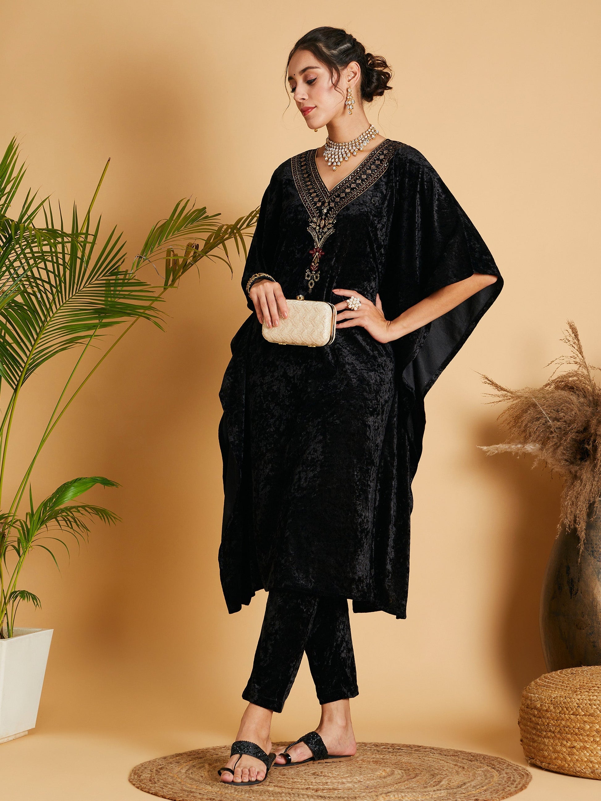 Black Velvet Kaftan Kurta-Shae by SASSAFRAS