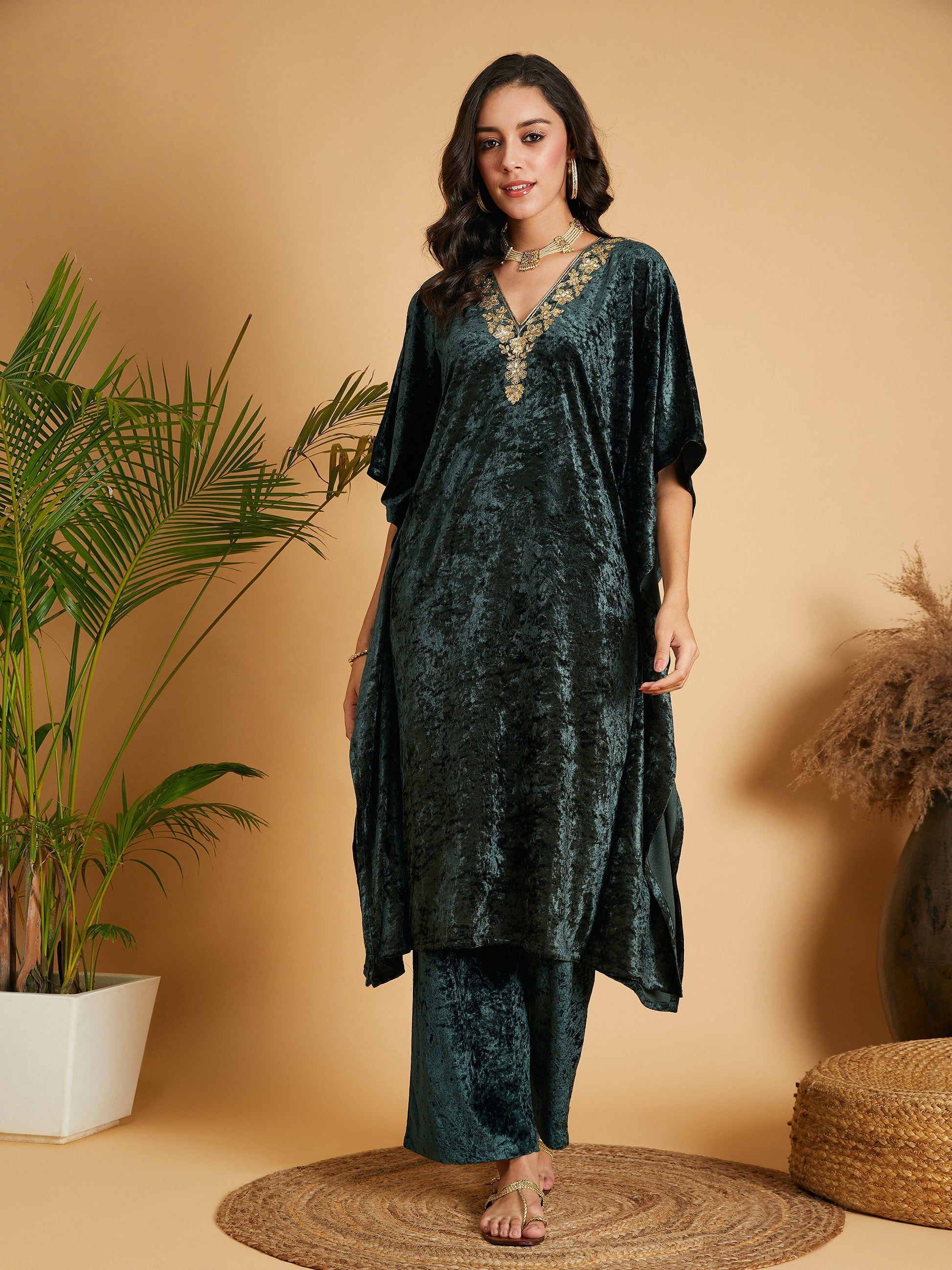 Emerald Velvet Kaftan Kurta-Shae by SASSAFRAS