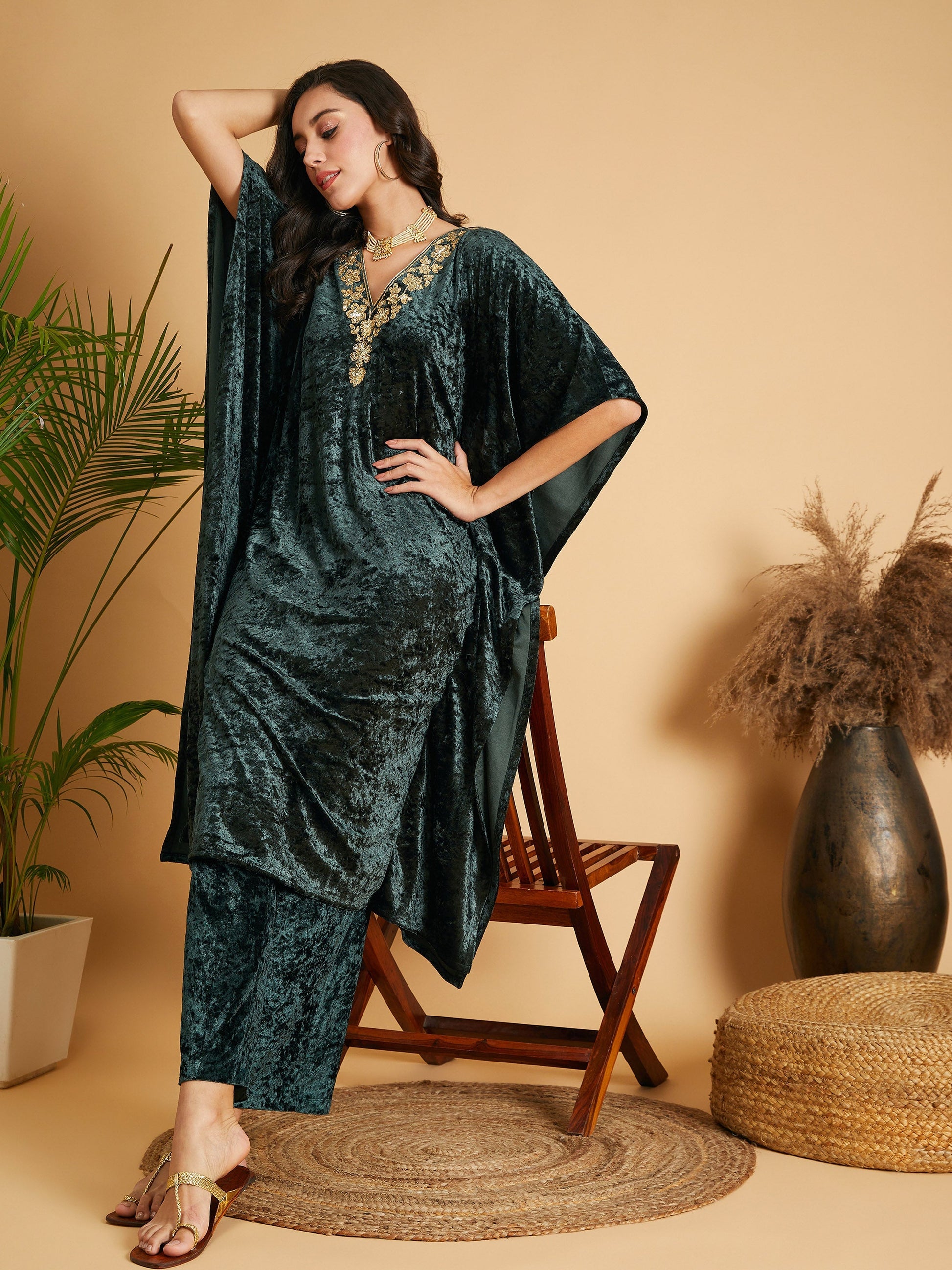 Emerald Velvet Kaftan Kurta-Shae by SASSAFRAS