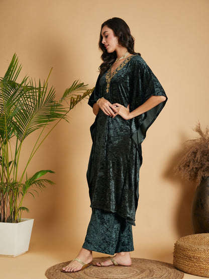 Emerald Velvet Kaftan Kurta-Shae by SASSAFRAS