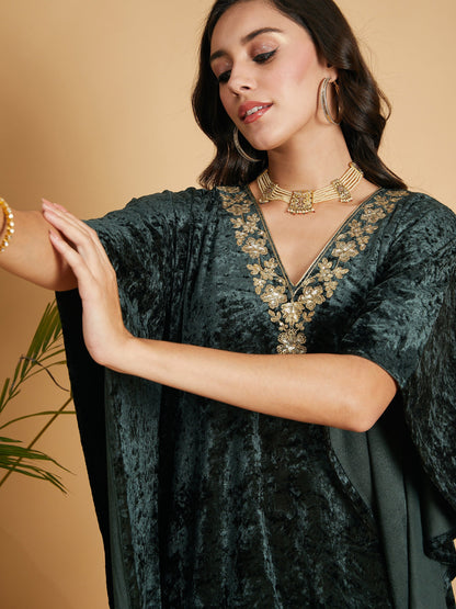 Emerald Velvet Kaftan Kurta-Shae by SASSAFRAS
