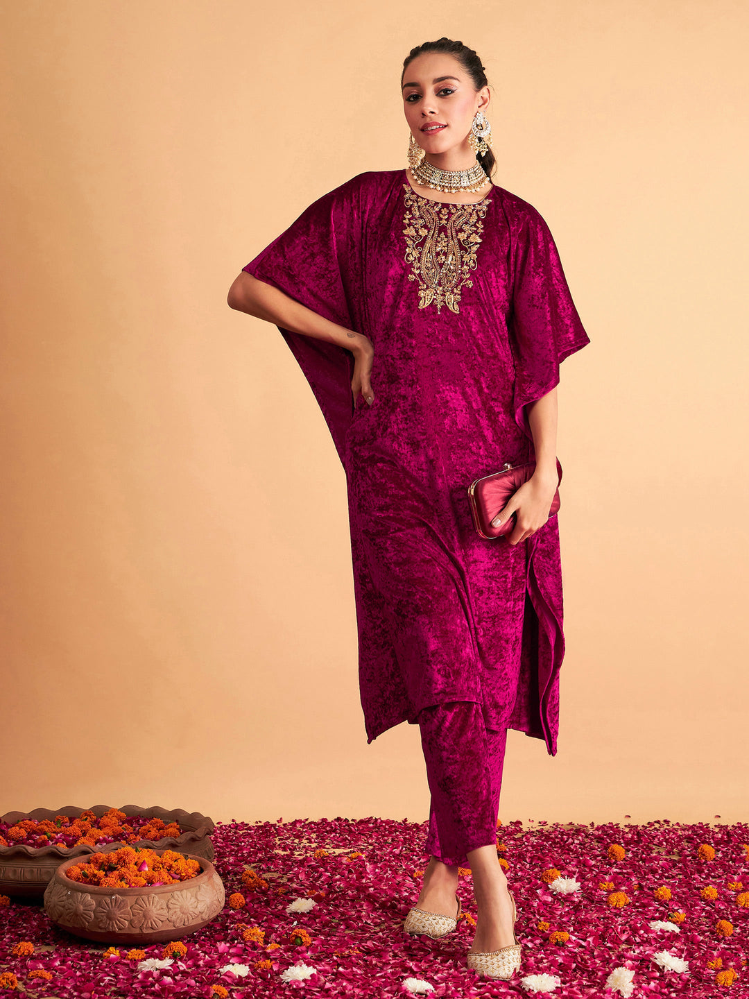 Women's Women Fuchsia Velvet Kaftan Kurta in Velvet by Shae for wholesale, bulk, supplier, manufacturer and wholesaler buyers from Trendphoria