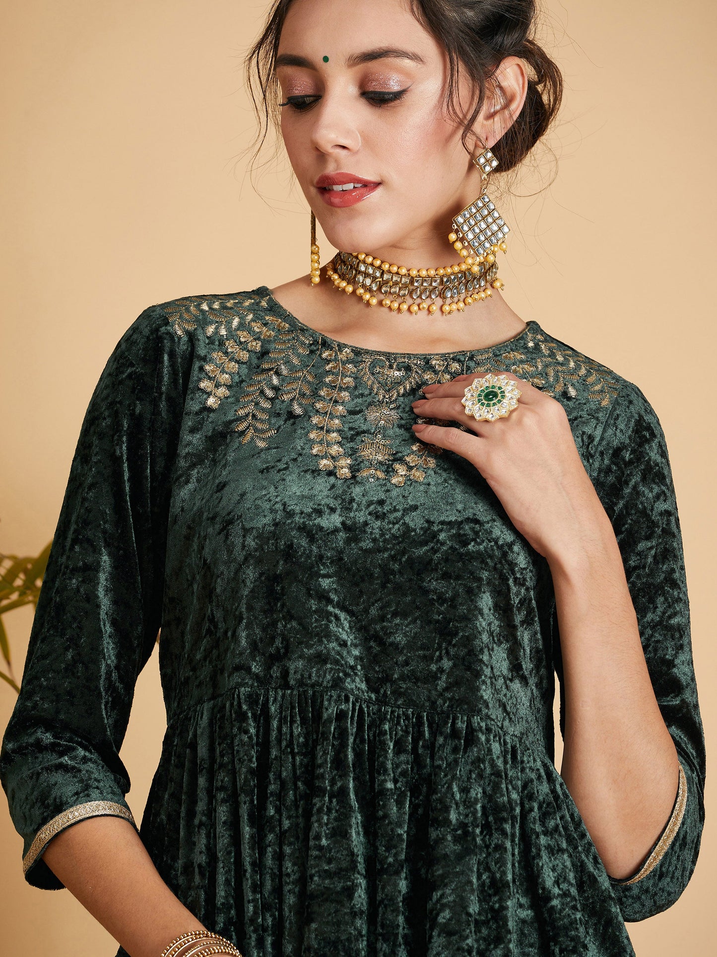 Emerald Neck Embroidered Velvet Gathered Kurta