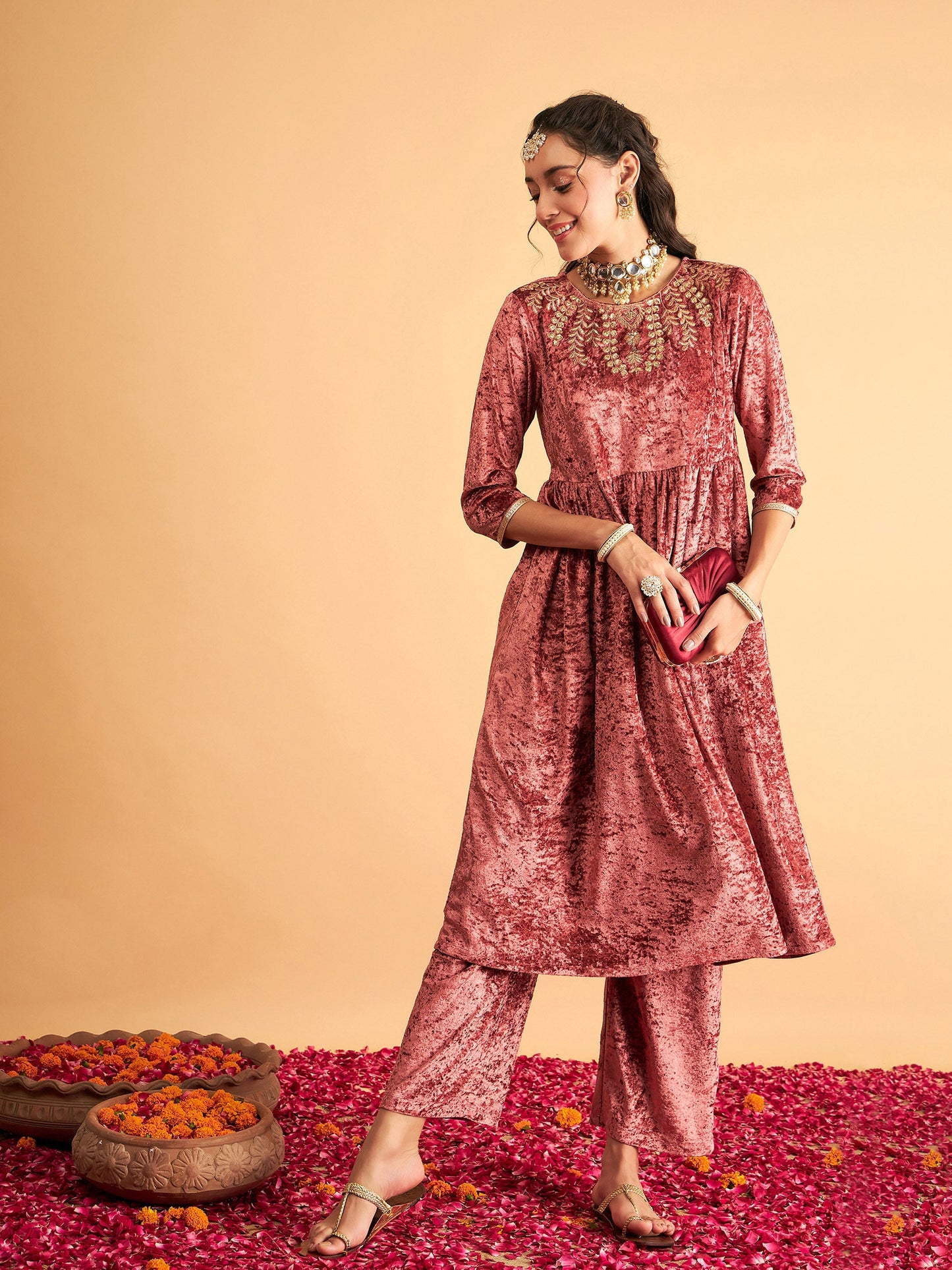 Pink Neck Embroidered Velvet Gathered Kurta