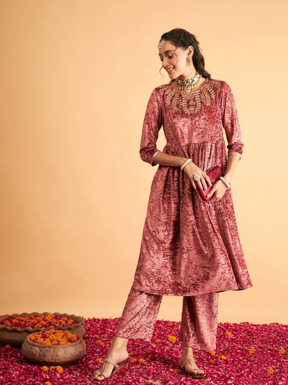 Pink Neck Embroidered Velvet Gathered Kurta
