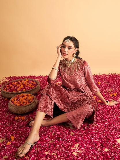 Pink Neck Embroidered Velvet Gathered Kurta