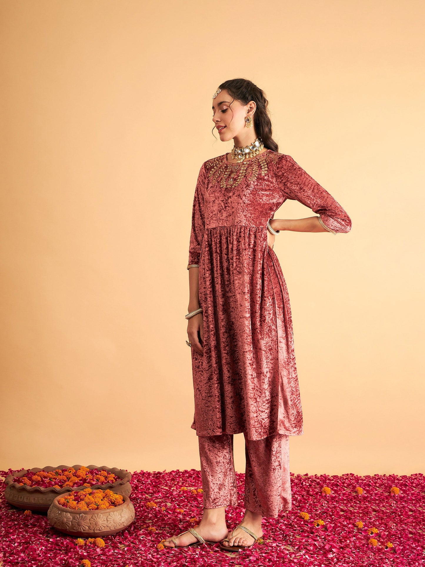 Pink Neck Embroidered Velvet Gathered Kurta