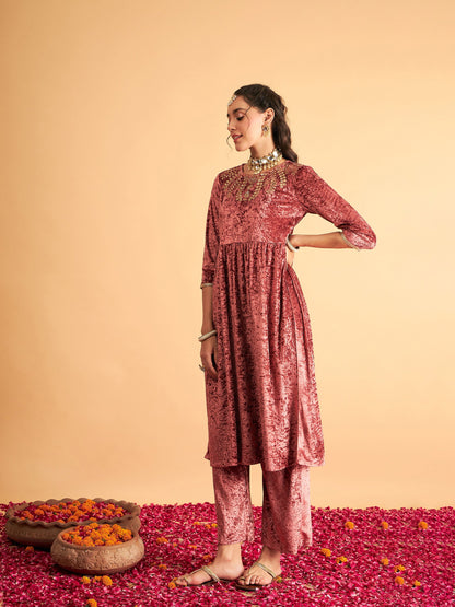 Pink Neck Embroidered Velvet Gathered Kurta