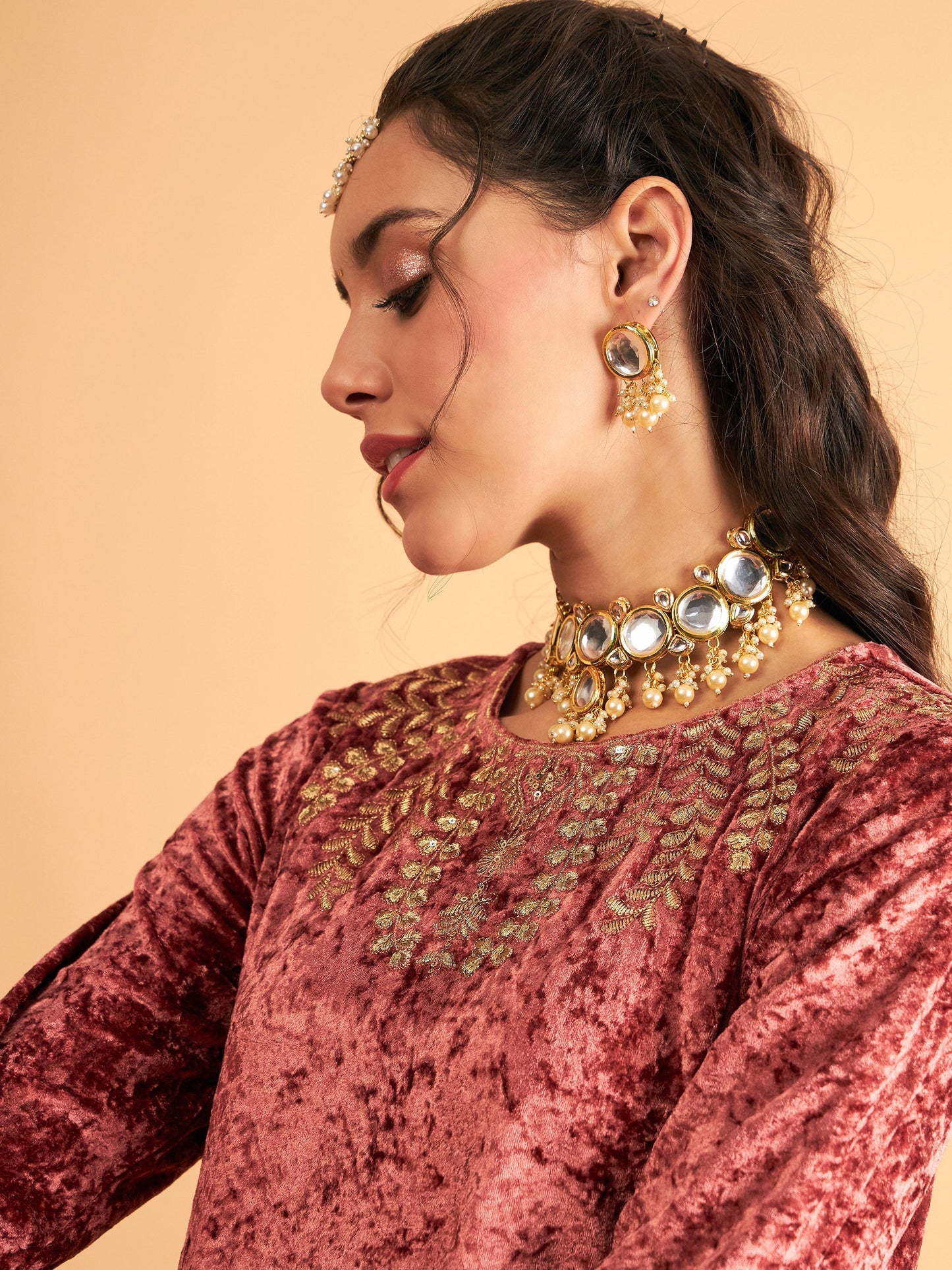 Pink Neck Embroidered Velvet Gathered Kurta