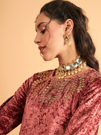 Pink Neck Embroidered Velvet Gathered Kurta