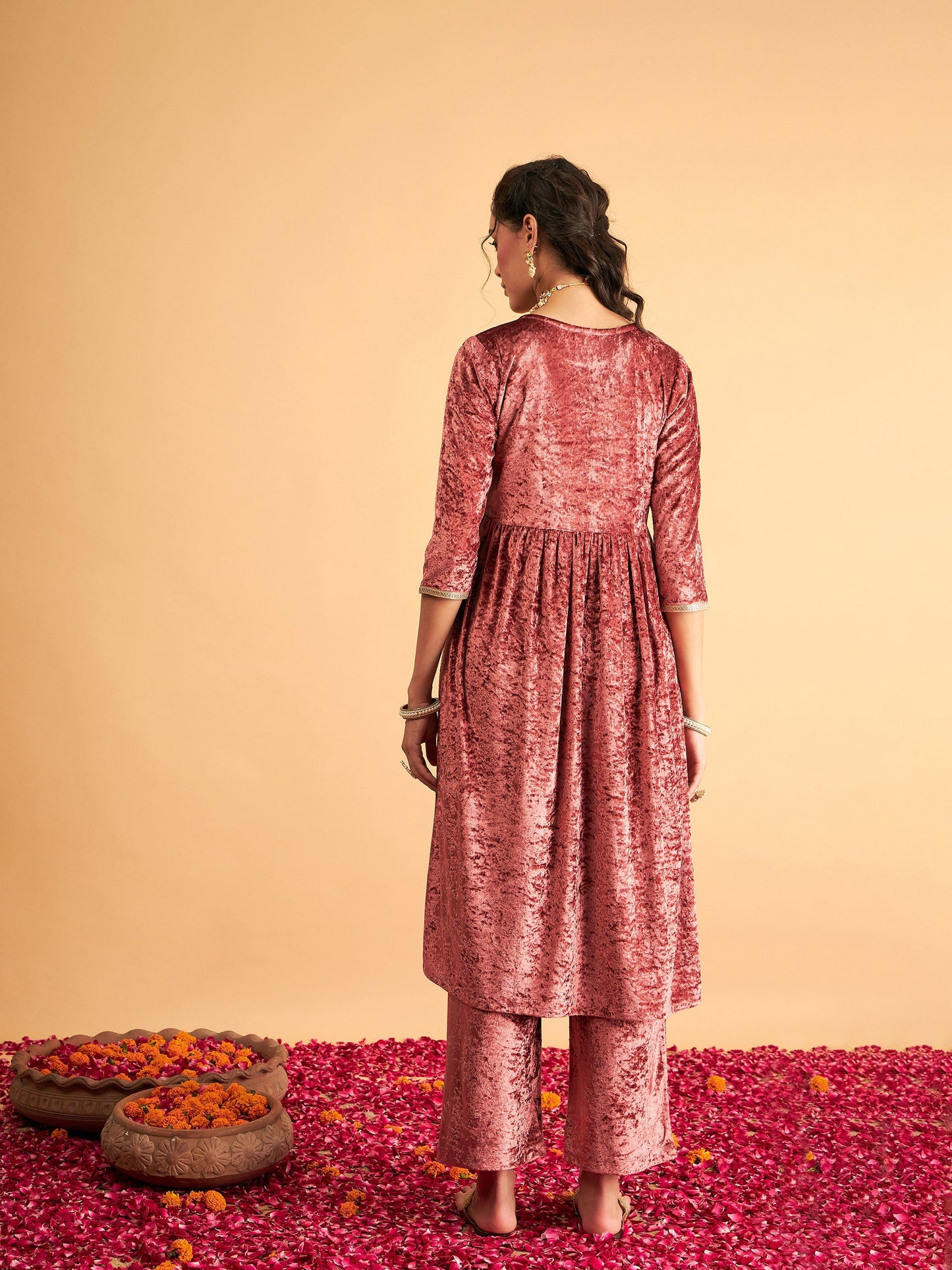 Pink Neck Embroidered Velvet Gathered Kurta