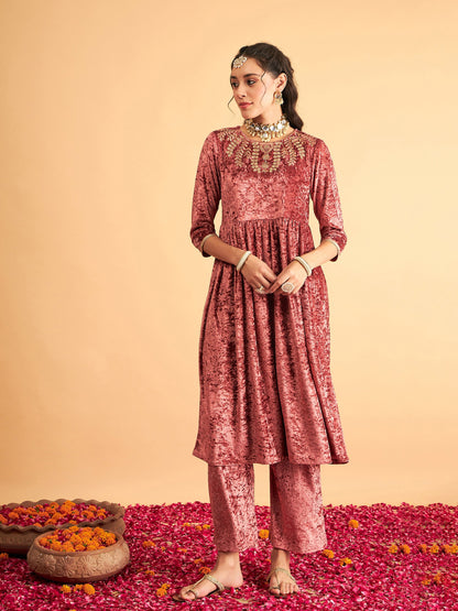 Pink Neck Embroidered Velvet Gathered Kurta