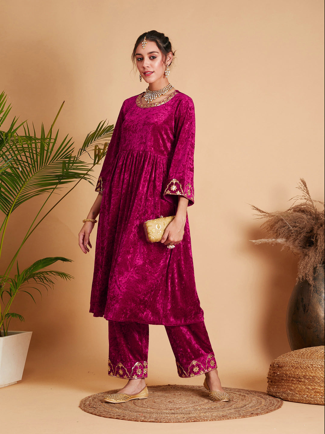 Women's Women Fuchsia Velvet Embroidered Gathered Kurta in Velvet by Shae for wholesale, bulk, supplier, manufacturer and wholesaler buyers from Trendphoria