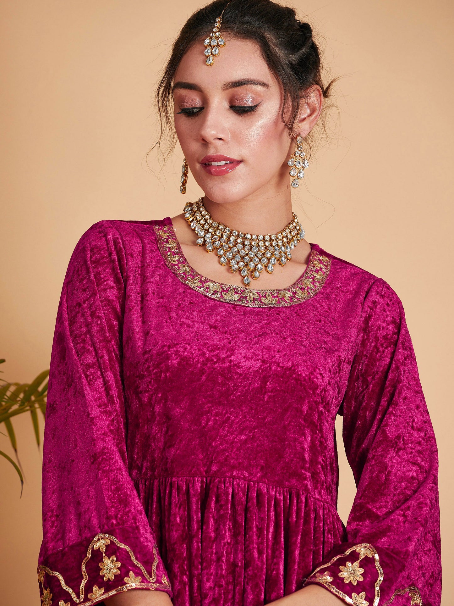 Women Fuchsia Velvet Embroidered Gathered Kurta