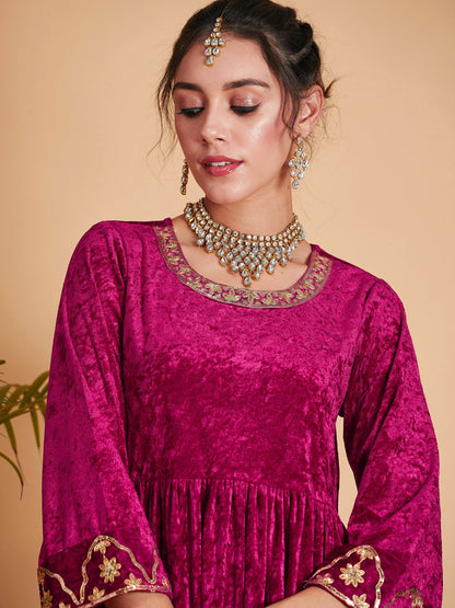 Women Fuchsia Velvet Embroidered Gathered Kurta