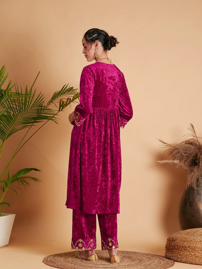 Women Fuchsia Velvet Embroidered Gathered Kurta