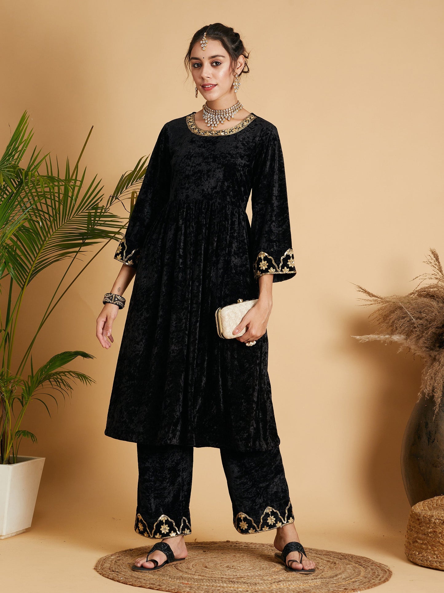 Black Velvet Embroidered Gathered Kurta