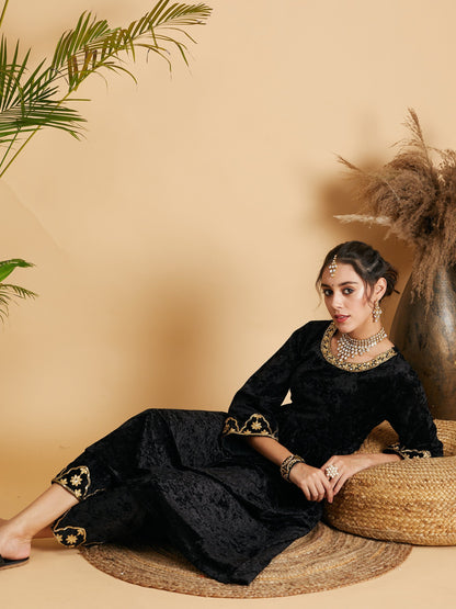 Black Velvet Embroidered Gathered Kurta