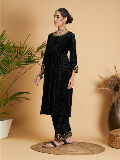 Black Velvet Embroidered Gathered Kurta