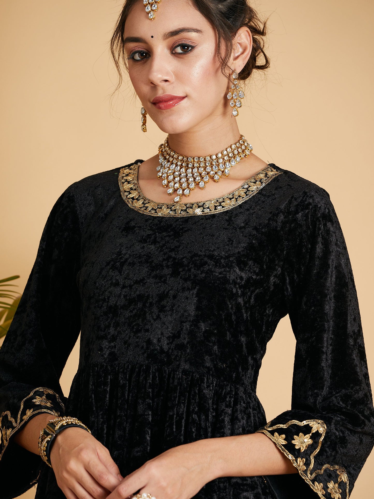 Black Velvet Embroidered Gathered Kurta