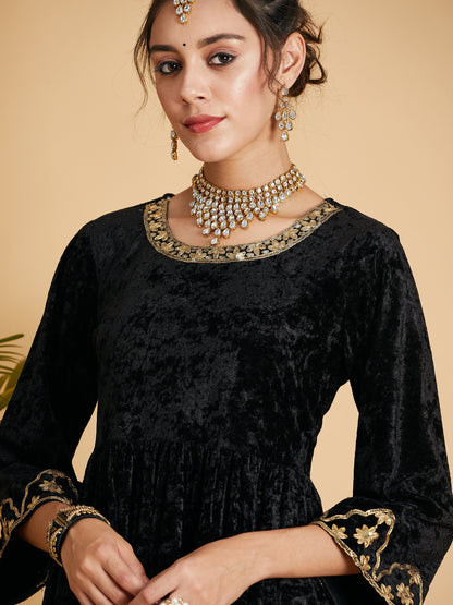 Black Velvet Embroidered Gathered Kurta