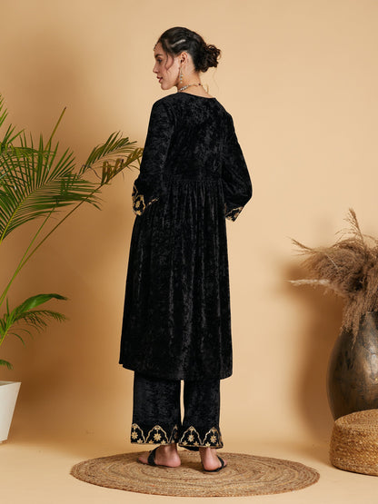 Black Velvet Embroidered Gathered Kurta