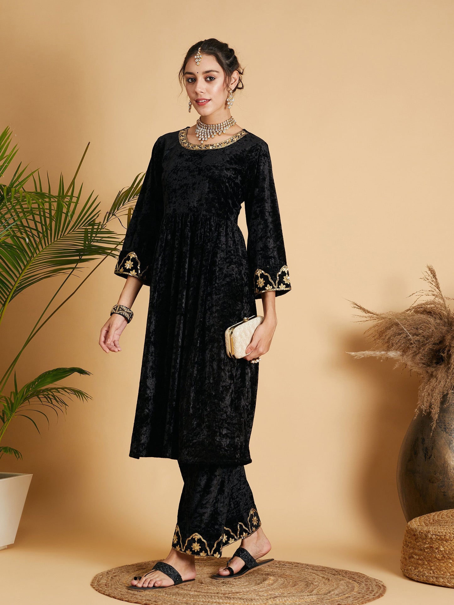 Black Velvet Embroidered Gathered Kurta