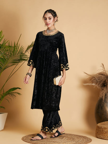 Black Velvet Embroidered Gathered Kurta