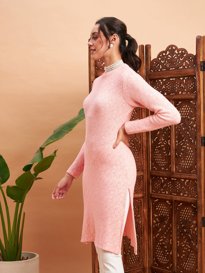 Pink &amp; Off White Hair Wool Straight Kurta-Shae by SASSAFRAS