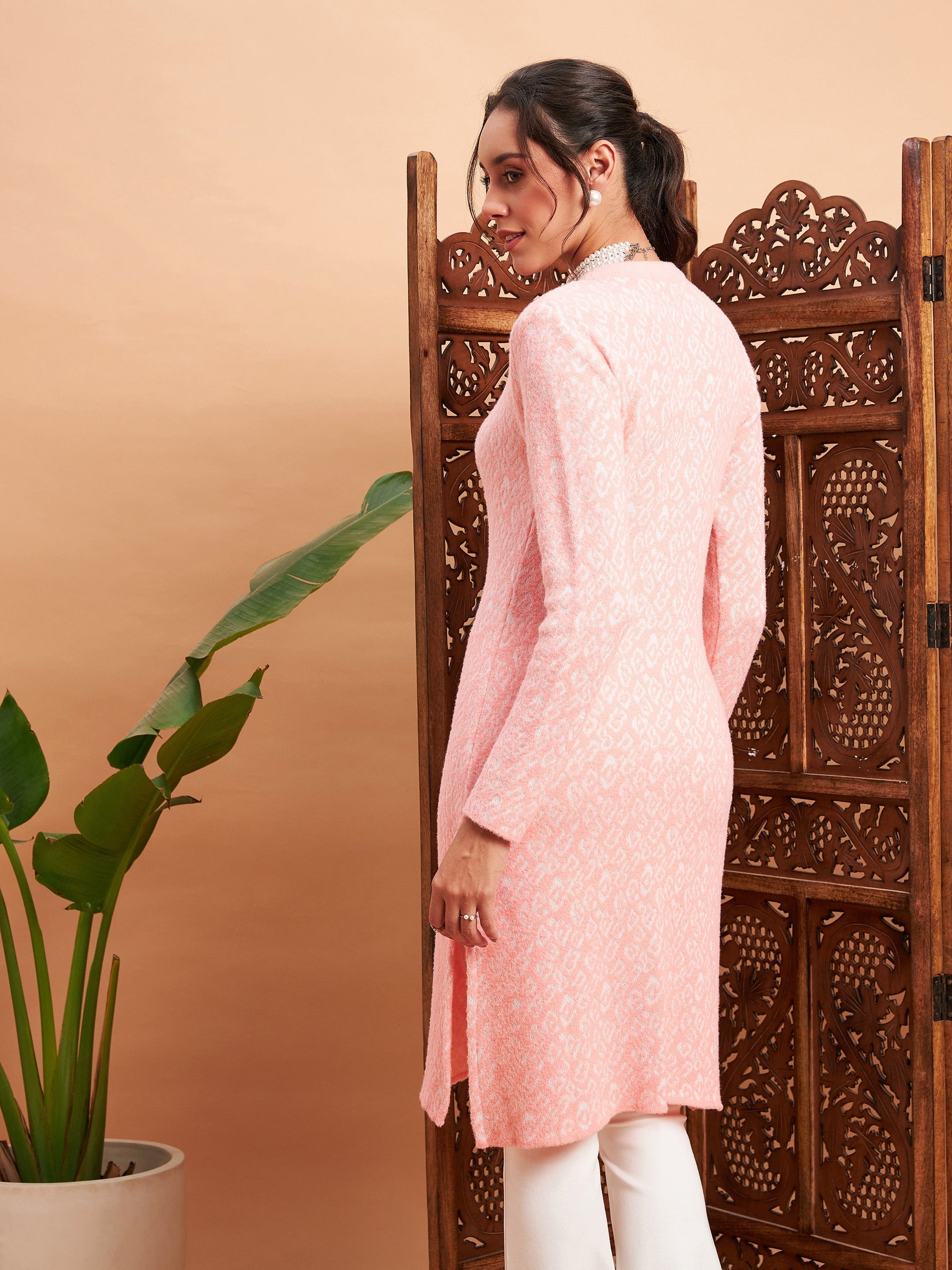 Pink & Off White Hair Wool Straight Kurta-Shae by SASSAFRAS