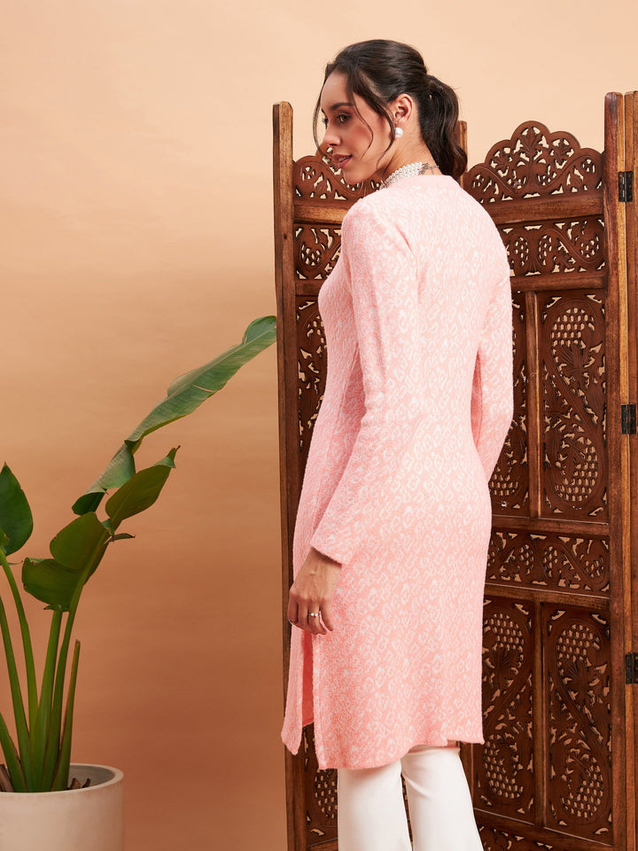 Pink &amp; Off White Hair Wool Straight Kurta-Shae by SASSAFRAS
