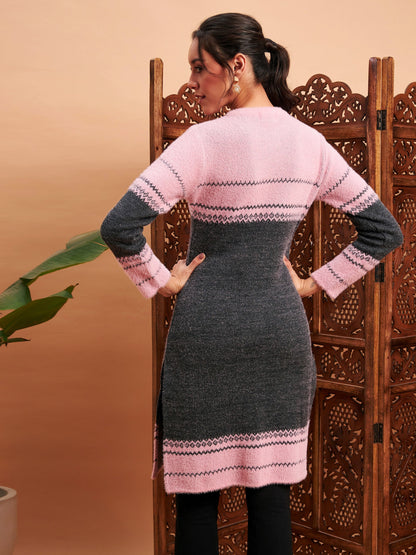 Pink & Grey Hair Wool Straight Kurta-Shae by SASSAFRAS