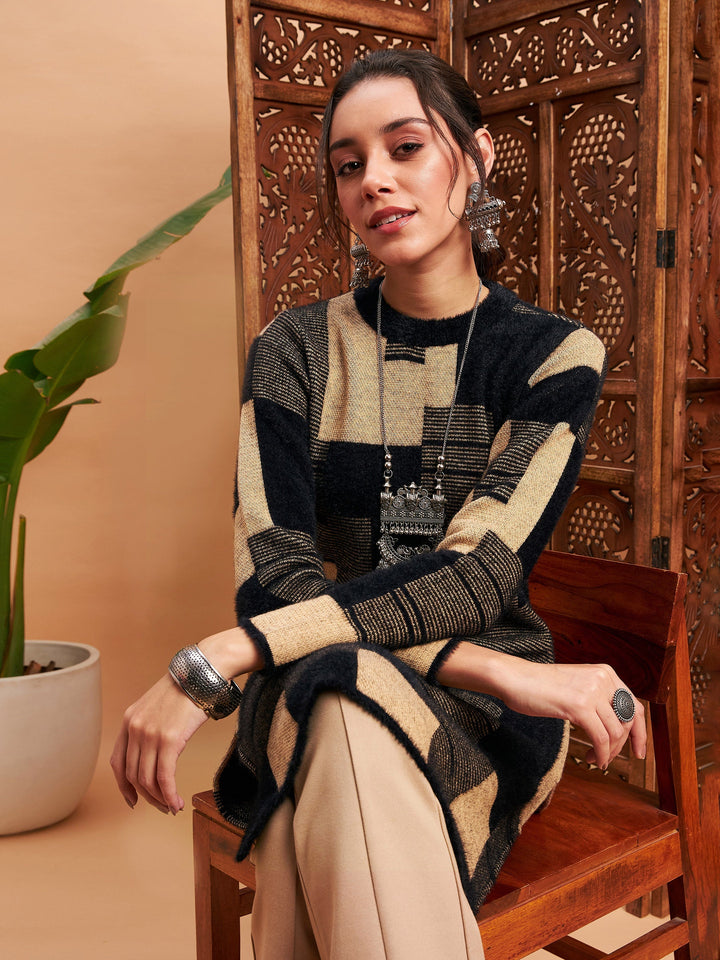 Black &amp; Beige Hair Wool Straight Kurta-Shae by SASSAFRAS