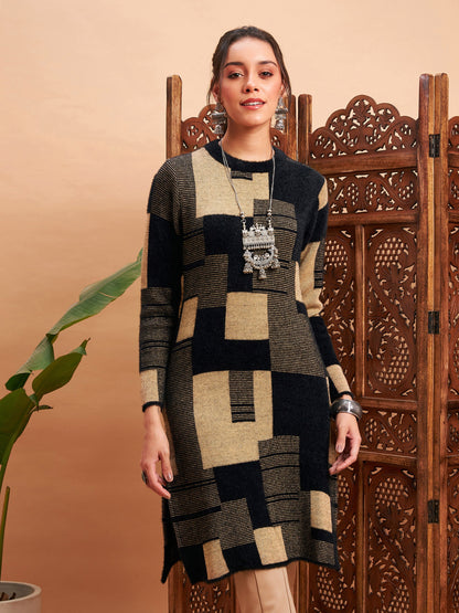 Black & Beige Hair Wool Straight Kurta-Shae by SASSAFRAS