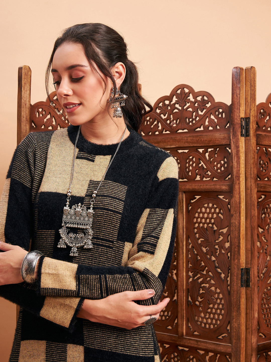 Black &amp; Beige Hair Wool Straight Kurta-Shae by SASSAFRAS
