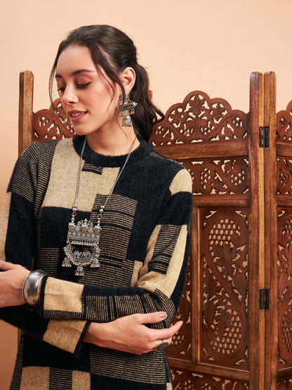 Black & Beige Hair Wool Straight Kurta-Shae by SASSAFRAS