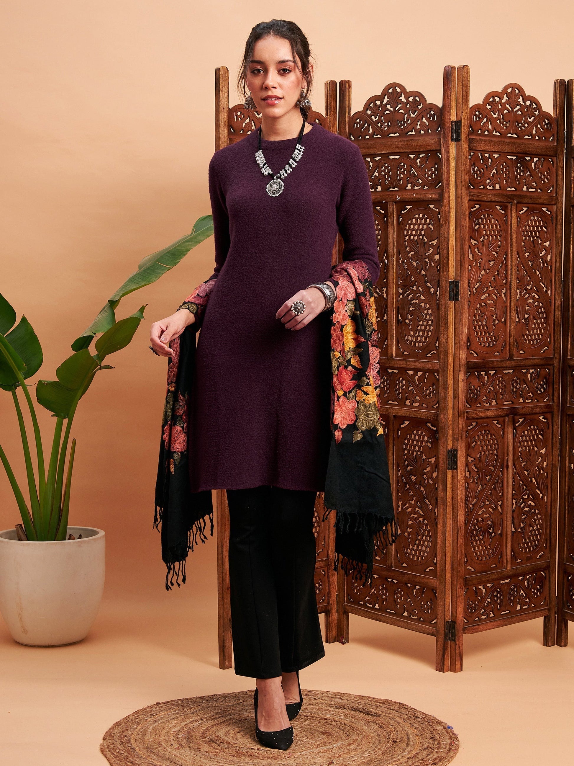 Maroon Solid Hair Wool Straight Kurta-Shae by SASSAFRAS