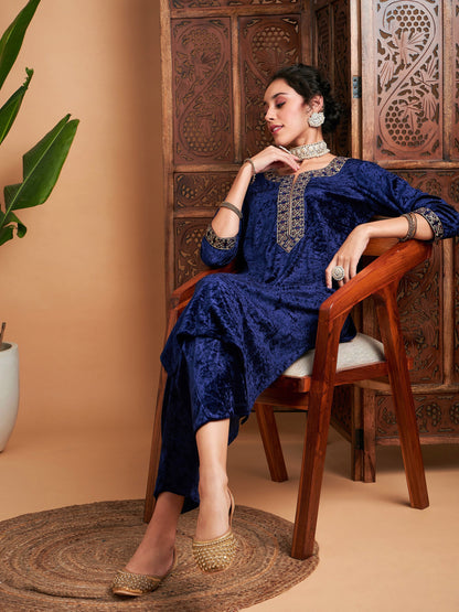 Navy Velvet Embroidered Straight Kurta-Shae by SASSAFRAS
