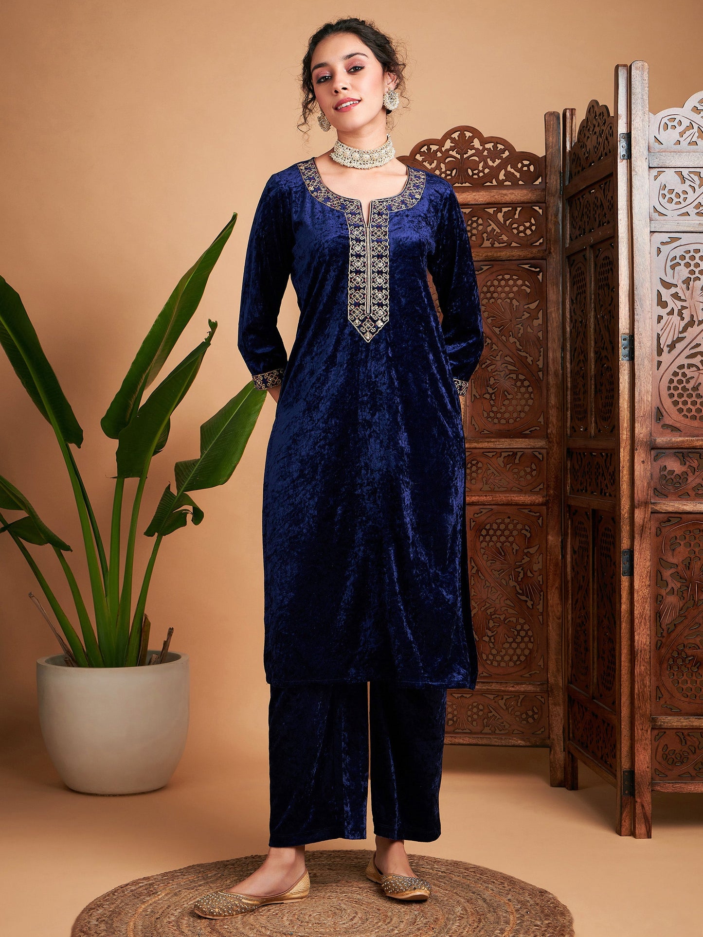 Navy Velvet Embroidered Straight Kurta-Shae by SASSAFRAS