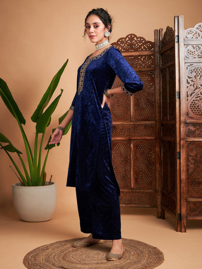 Navy Velvet Embroidered Straight Kurta-Shae by SASSAFRAS