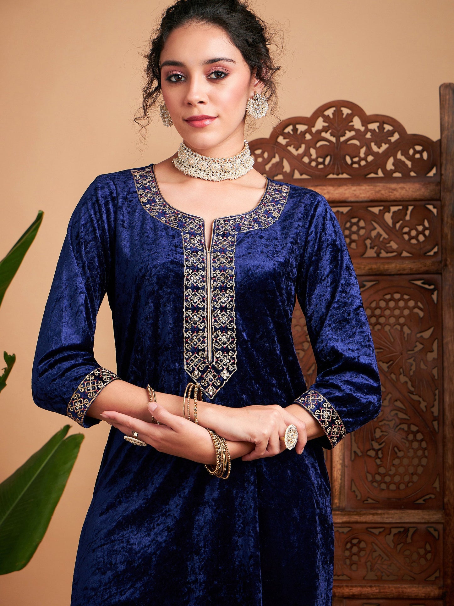 Navy Velvet Embroidered Straight Kurta-Shae by SASSAFRAS