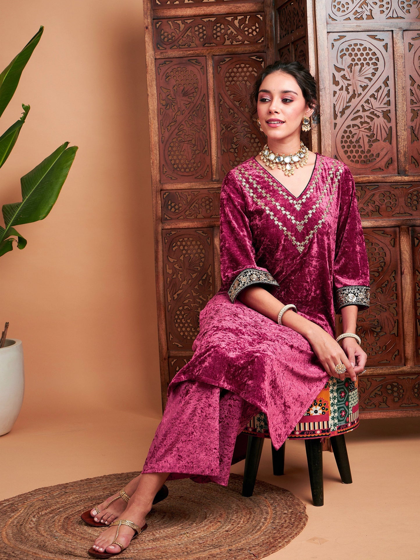 Pink Velvet Embroidered Yoke Straight Kurta-Shae by SASSAFRAS