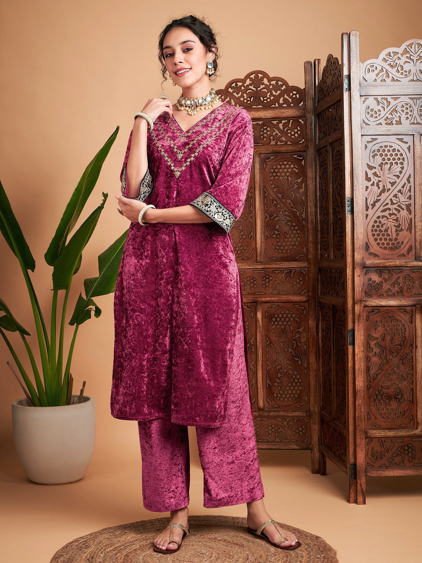 Pink Velvet Embroidered Yoke Straight Kurta-Shae by SASSAFRAS