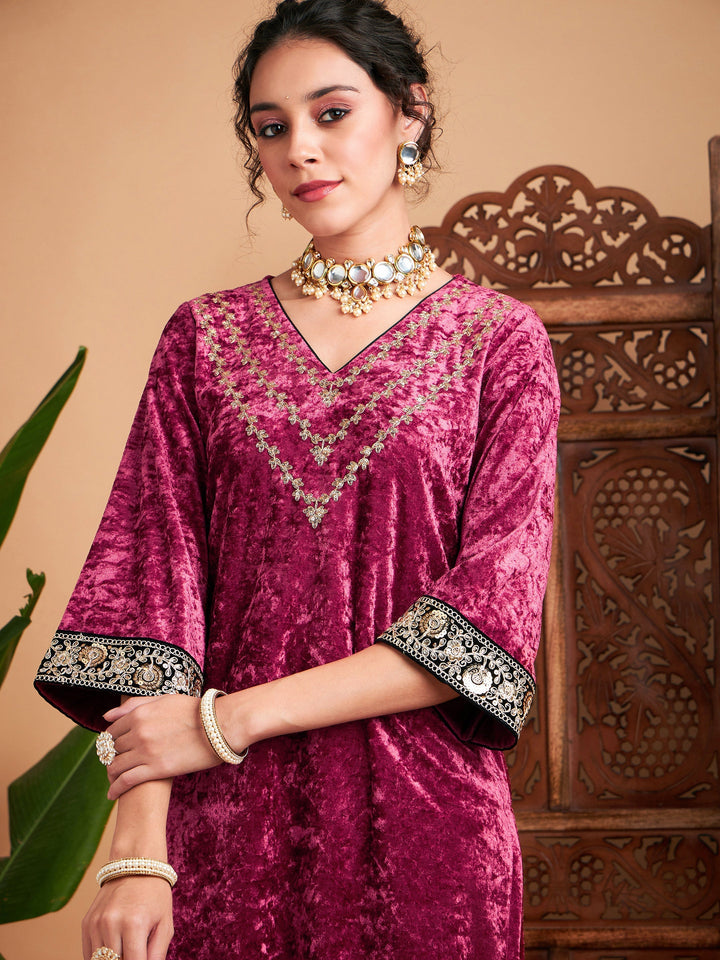 Pink Velvet Embroidered Yoke Straight Kurta-Shae by SASSAFRAS