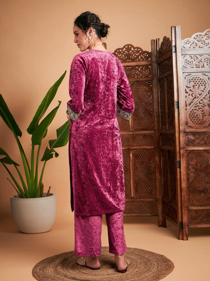 Pink Velvet Embroidered Yoke Straight Kurta-Shae by SASSAFRAS