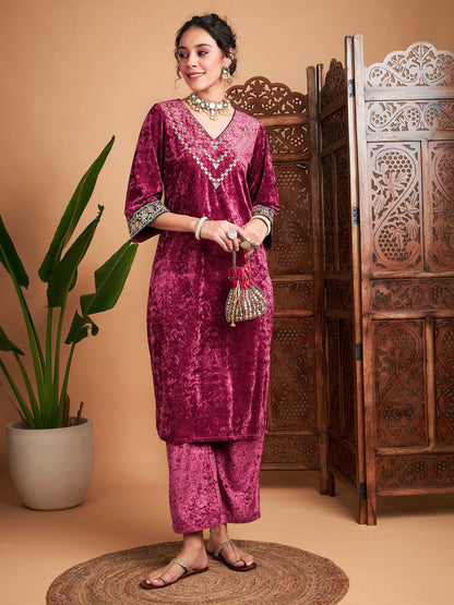 Pink Velvet Embroidered Yoke Straight Kurta-Shae by SASSAFRAS