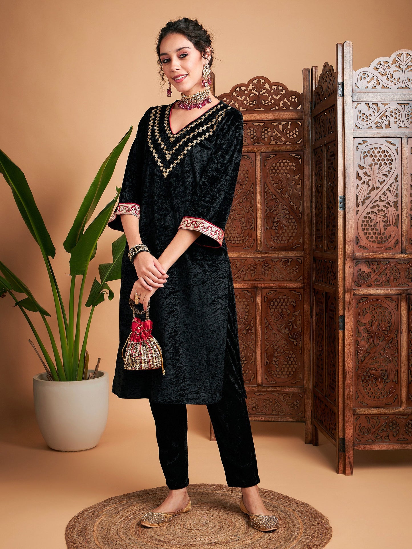Black Velvet Embroidered Yoke Straight Kurta-Shae by SASSAFRAS